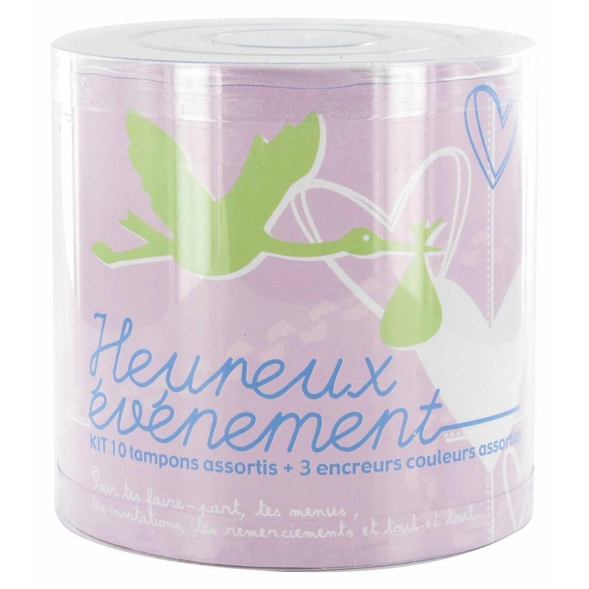Lot de 10 tampons et 3 encreurs Naissance - Bois et caoutchouc - 9,5 x 9 x 9 cm - Multicolore Lot de 10 tampons et 3 encreurs Naissance - Bois et caoutchouc - 9,5 x 9 x 9 cm - Multicolore