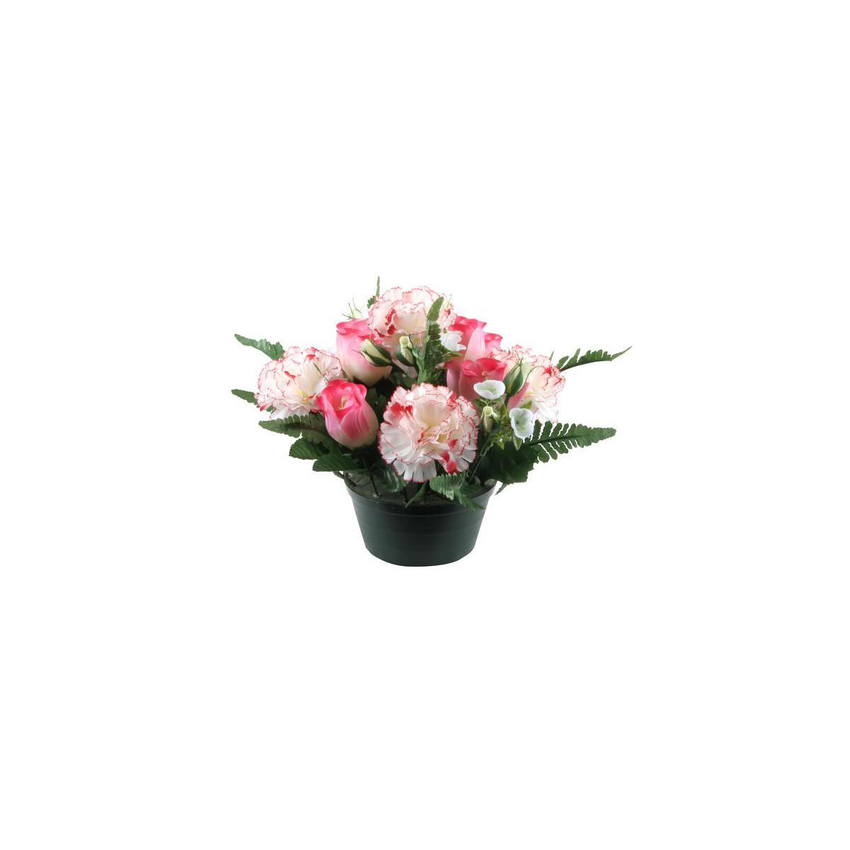 Composition d'œillets et de boutons de rose - Polyester - H 24 cm - Violet ou rose Composition d'œillets et de boutons de rose - Polyester - H 24 cm - Violet ou rose