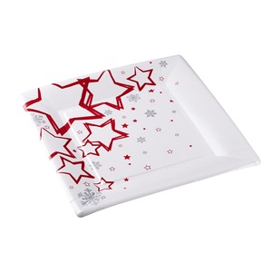 Lot de 10 assiettes carrées en carton étoiles - 24 x 24 cm - Blanc et rouge