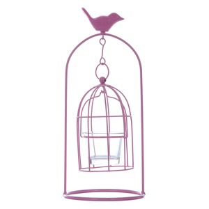 Photophore en forme de cage en métal - 11 x 11 x H 26 cm - Rose