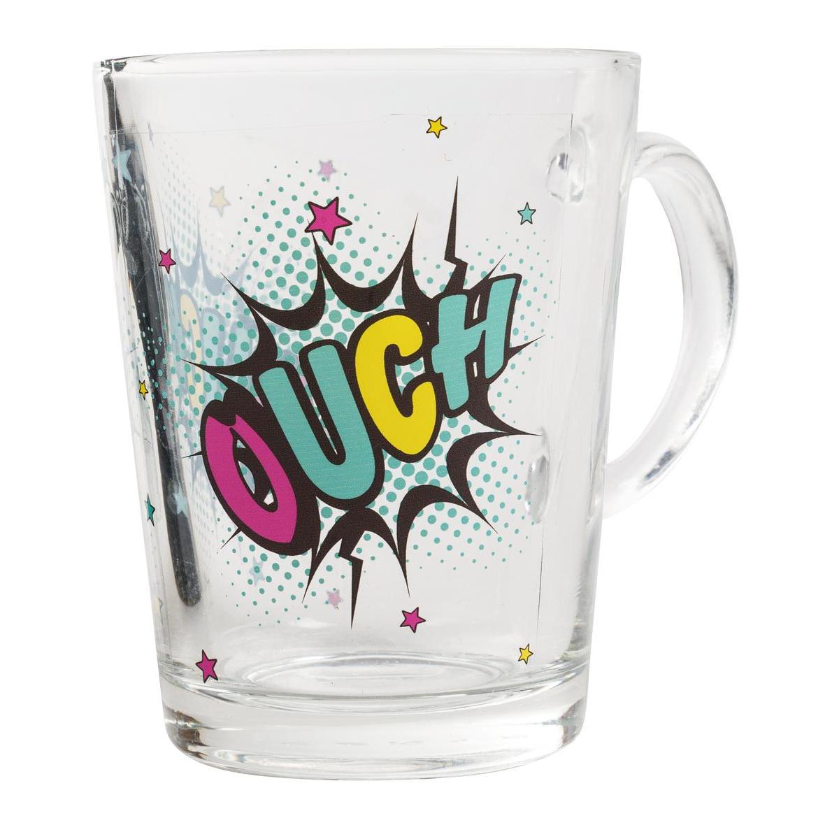 Mug décoré 'Ouch' - Verre - 26 cl - Transparent et multicolore Mug décoré 'Ouch' - Verre - 26 cl - Transparent et multicolore