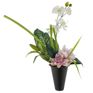 Composition florale en cône avec orchidées et lotus artificiels - Hauteur 54 cm - Rose et Blanc