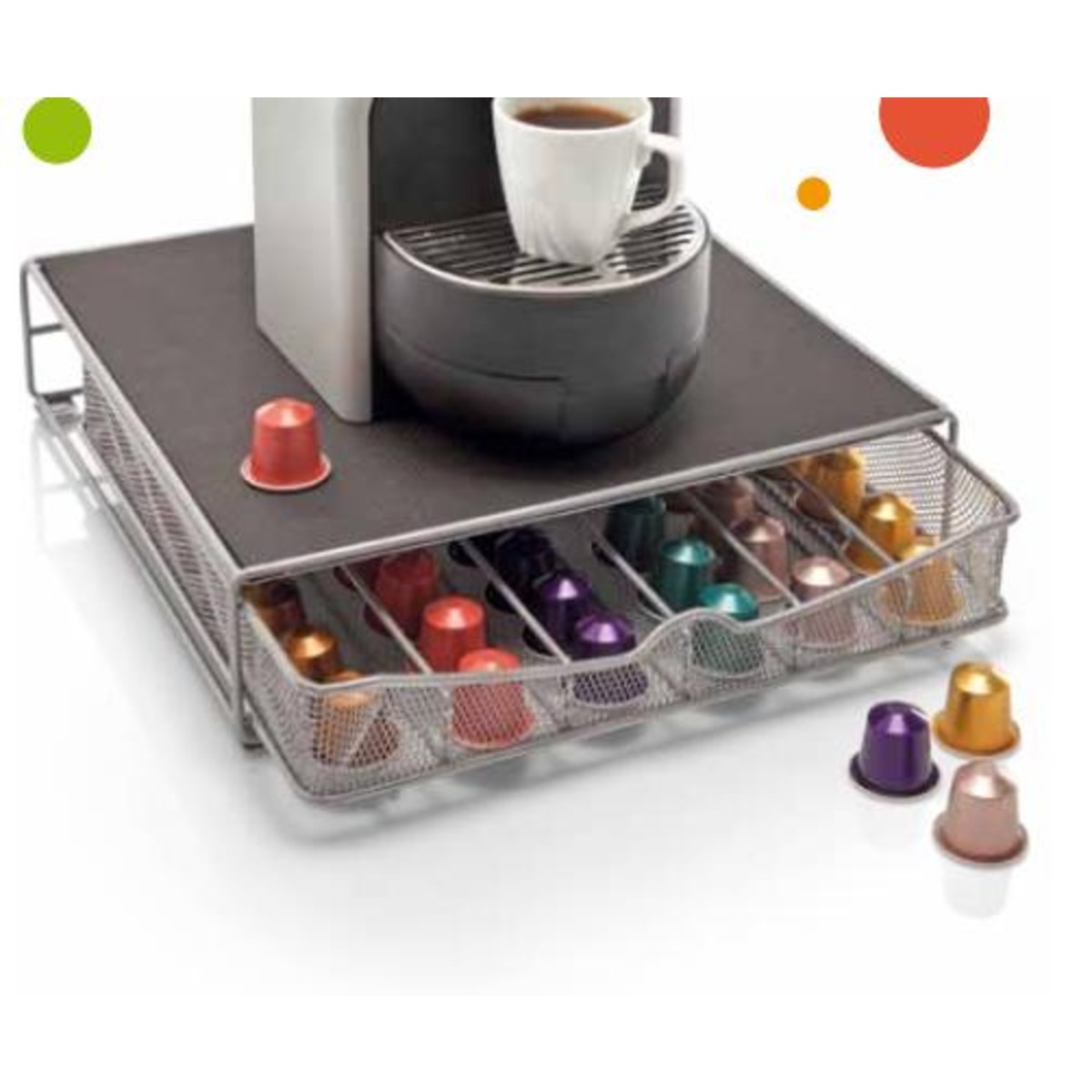 Support machine à café avec tiroir range-dosette en aluminium - 25 x 25 cm  - Gris