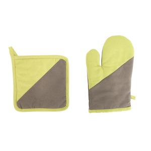 Set gant et manique bicolores en coton - vert, marron taupe