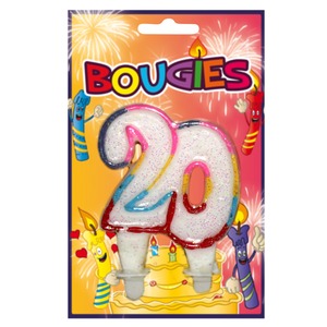 Bougie pailletée Spécial 20 ans avec languettes - 8 cm - Multicolore
