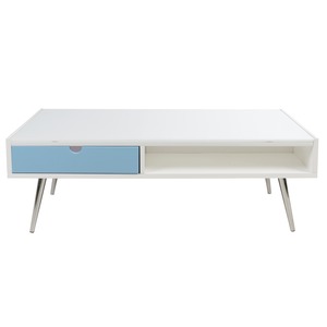 Table basse plateau en verre - 110 x 55 x H 38 cm - Blanc, bleu