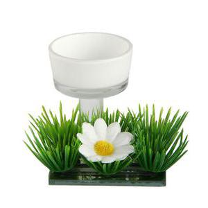 Bougeoir et carré d'herbe fleurie - Verre, Plastique, Polyester - 7 x 6 x 5 cm - Blanc