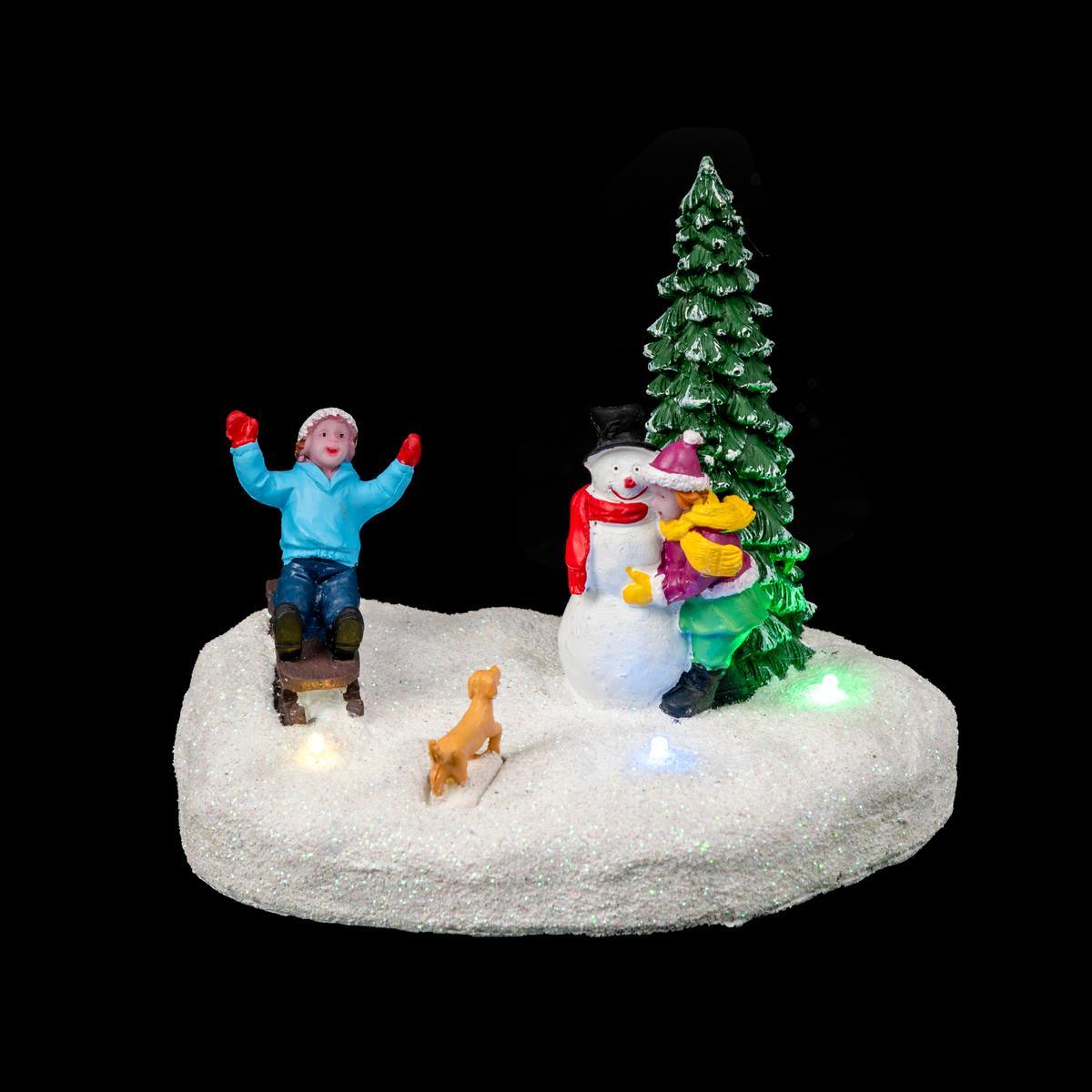 Scène de Noël enfants, chien et bonhomme de neige LED
