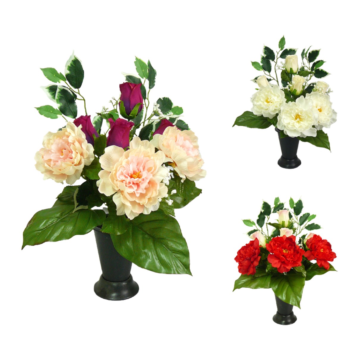 Cône boutons de roses + pivoines + ficus - 11 x H 52 cm - Différents modèles Cône boutons de roses + pivoines + ficus - 11 x H 52 cm - Différents modèles