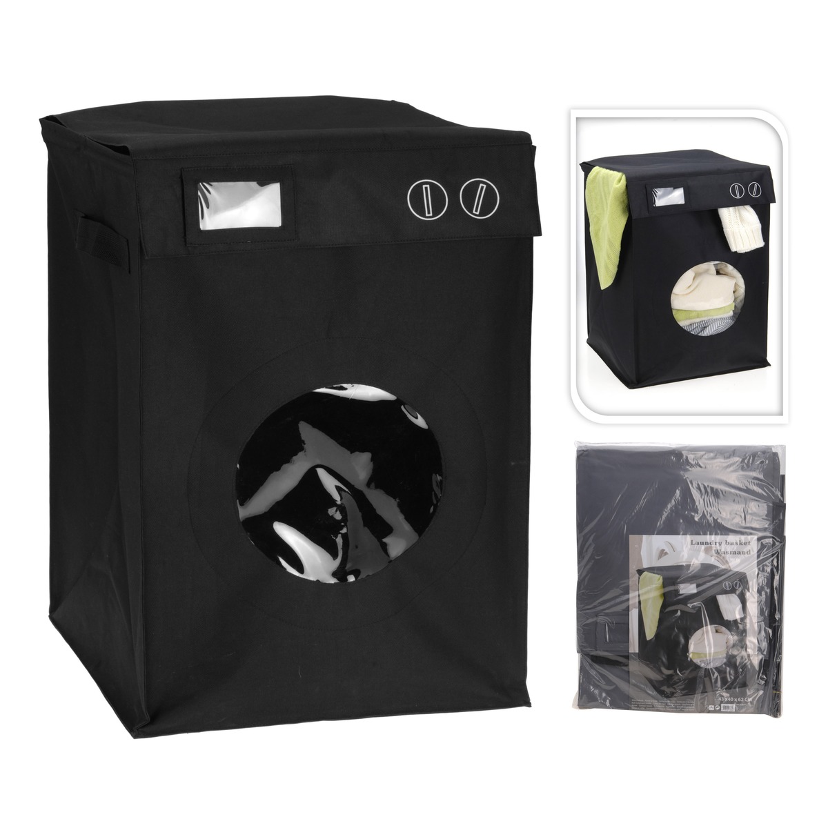 Panier à linge forme machine à laver - Polyester - 43 x 40 x 62 cm - Noir