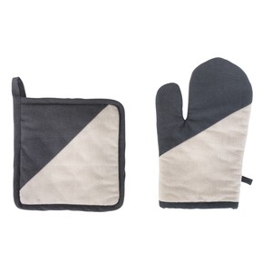 Set gant et manique bicolores en coton - gris, beige
