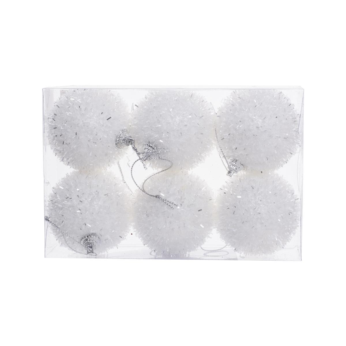 6 boules pailletées effet neige - ø 6 cm - Blanc