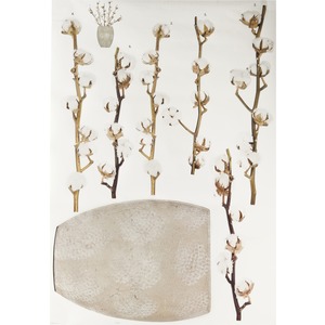 Sticker adhésif déco vase et fleurs de coton - 100 x 70 cm - Beige et blanc