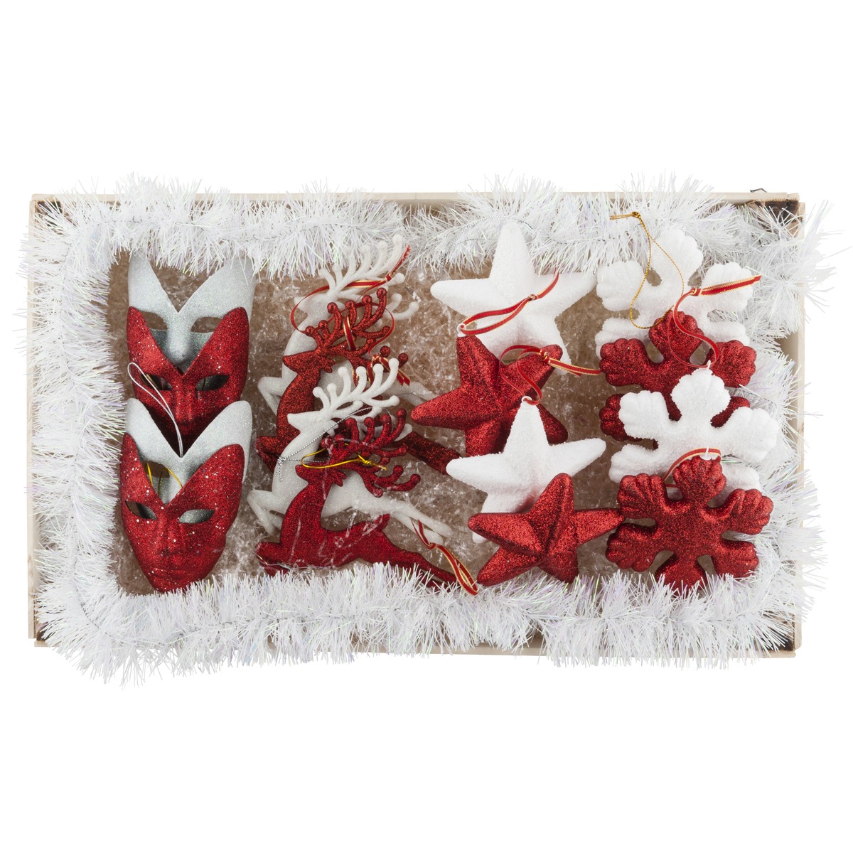 Cagette de 12 suspensions de Noël - 50 x 10 x 30 cm - Rouge et blanc Cagette de 12 suspensions de Noël - 50 x 10 x 30 cm - Rouge et blanc