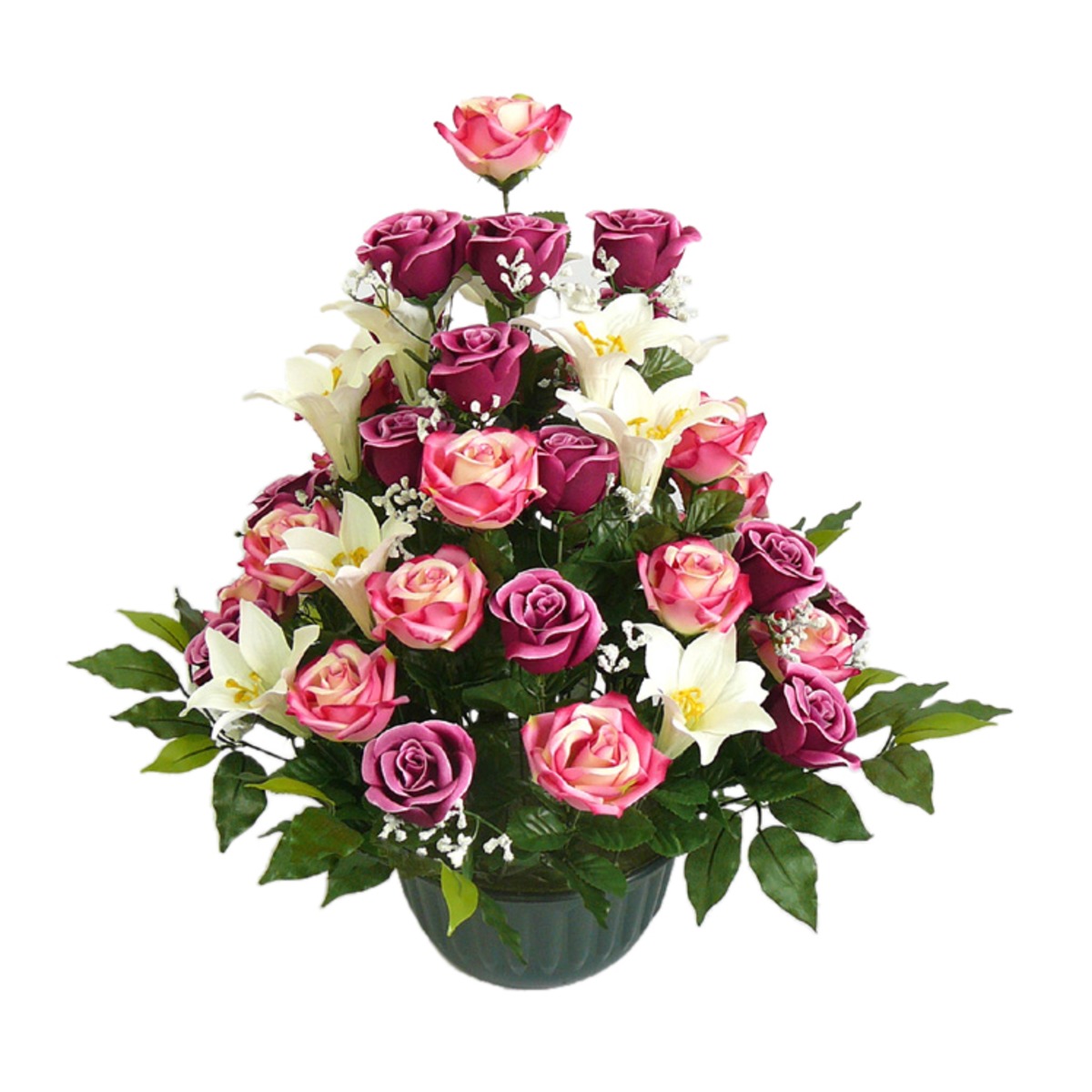 Coupe roses + lys - Hauteur 63 cm - Rose, blanc, vert