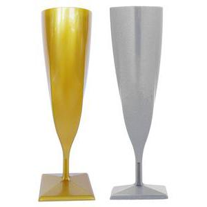 Lot de 4 flûtes à champagne en plastique - 12 cl - Polyéthylène - Jaune doré - Gris argenté