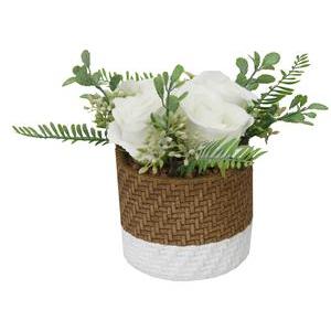 Roses en pot céramique effet cannage - H 19 cm - Rose, Blanc