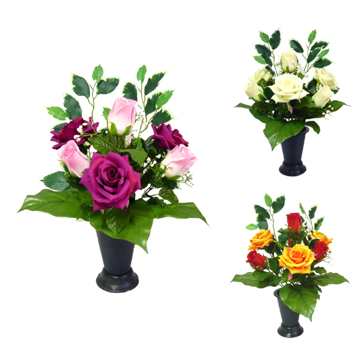 Cône boutons de roses + roses + ficus - 11 x H 52 cm - Différents modèles