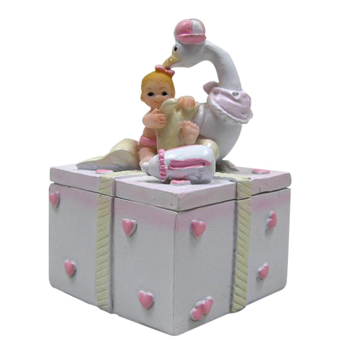 Boite bébé fille avec une cigogne - Résine - 5 x 5 x 7,5 cm - Rose Boite bébé fille avec une cigogne - Résine - 5 x 5 x 7,5 cm - Rose