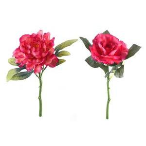 Tige de rose et pivoine - Plastique, Polyester - H 28 cm - Rose