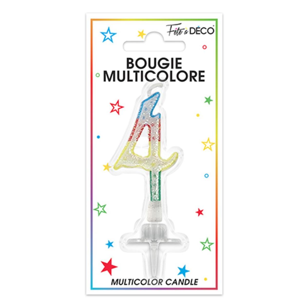 Bougie pailletée chiffre quatre avec languette - 8 cm - Multicolore