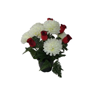 Potée de fleurs roses + chrysanthèmes - Hauteur 45 cm - Rouge, Blanc, Vert