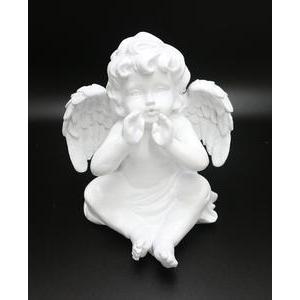 Ange souffleur en résine - H 19 cm - Blanc