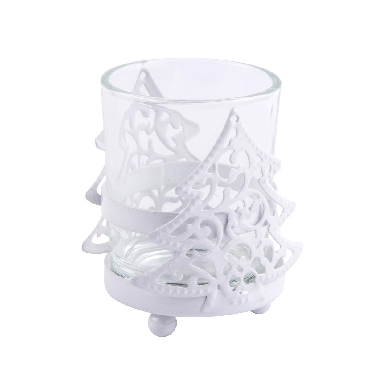Photophore déco sapin - Métal et verre - Ø 5,5 x H 7 cm - Rouge ou blanc Photophore déco sapin - Métal et verre - Ø 5,5 x H 7 cm - Rouge ou blanc