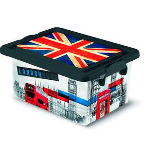 Boîte de rangement London - Plastique - 32,5 x 23 x H 15 cm - Gris, rouge et bleu