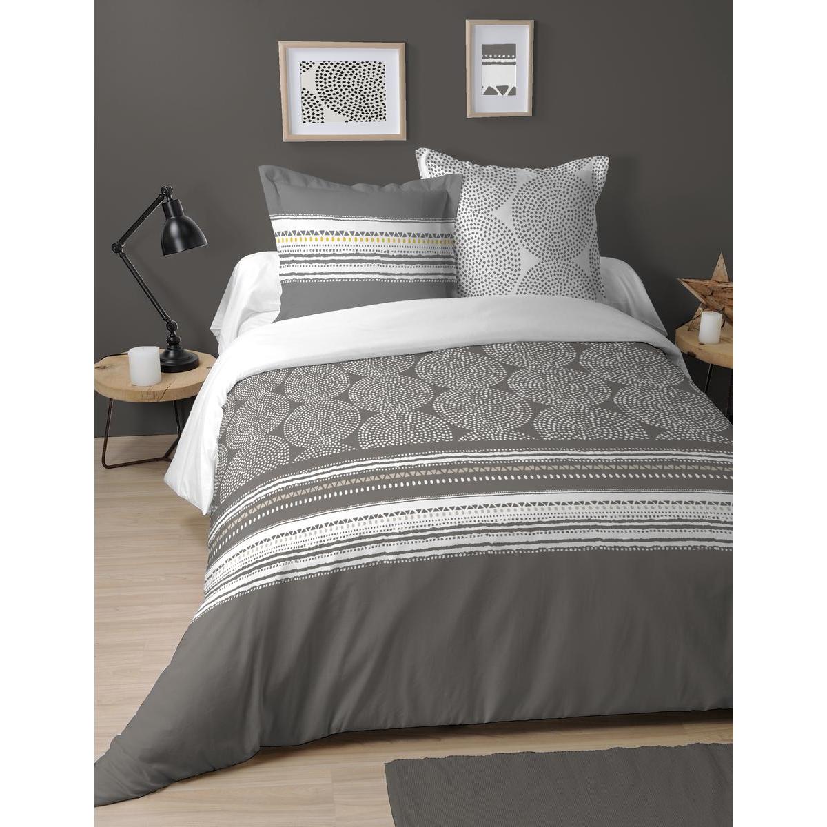 Housse de couette Tanzanie 2 personnes - L 240 x l 220 cm - Marron taupe, blanc