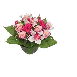 Vasque de roses, orchidées et hortensias - Plastique et tissus - H 31 cm - Rose, rouge, violet et orange