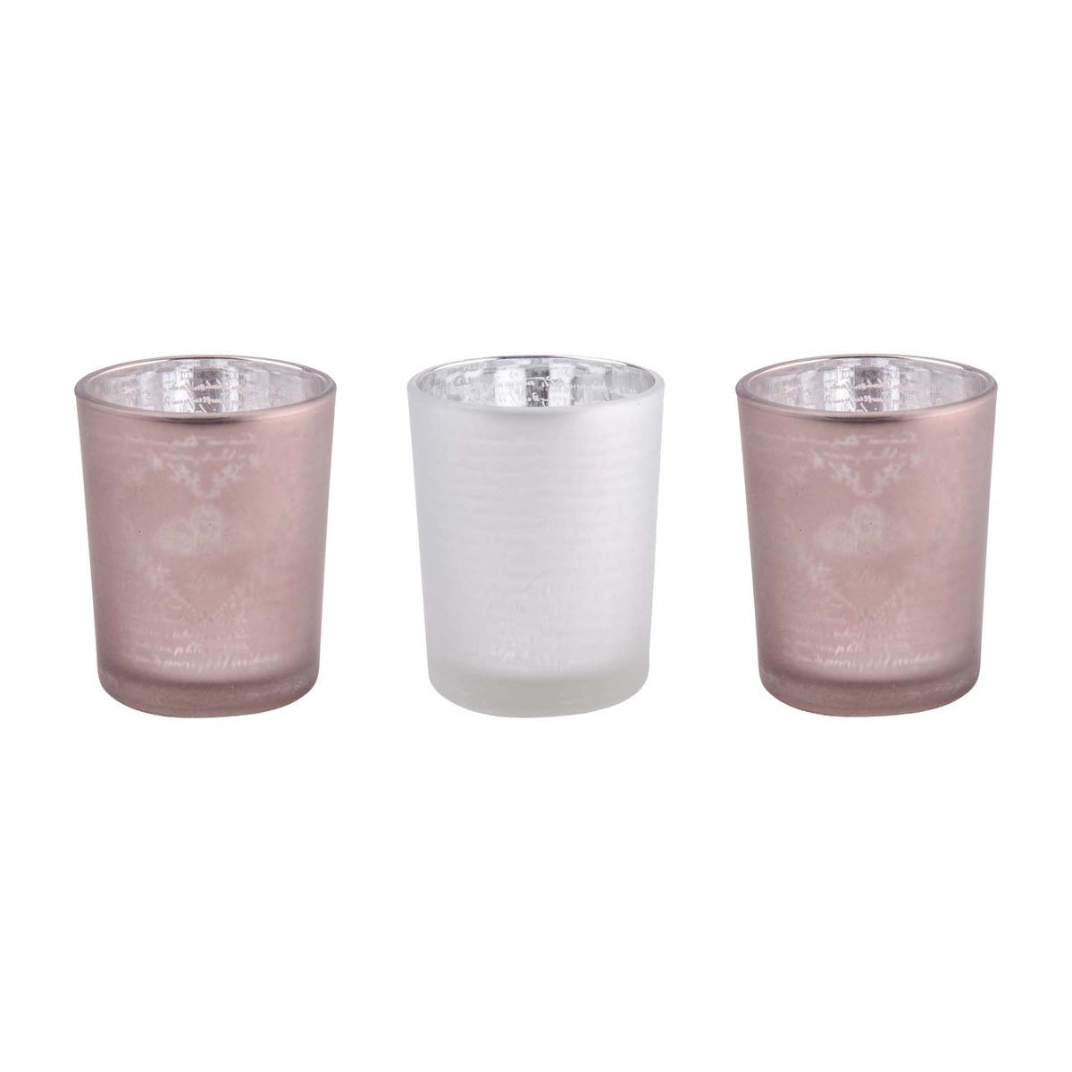 Lot de 3 photophores en verre - Diamètre 6 x H 6 cm - Gris, rose Lot de 3 photophores en verre - Diamètre 6 x H 6 cm - Gris, rose