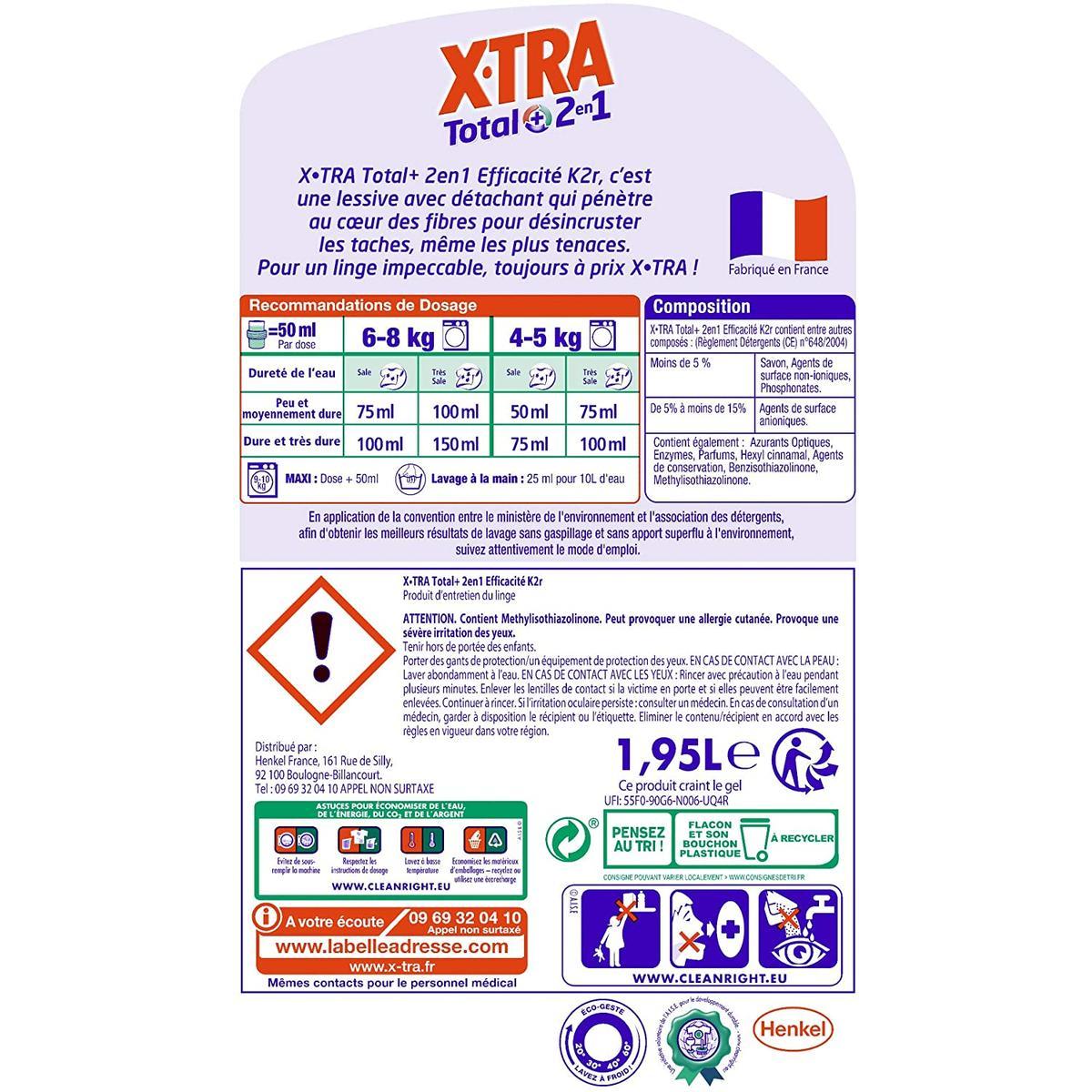 X-TRA Xtra lessive diluée 2en1 K2r 4x1,95l format familial pas