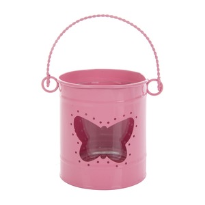 Photophore en forme de seau avec découpe papillon - Acier et verre - Diamètre 8 x H 9,3 cm - rose