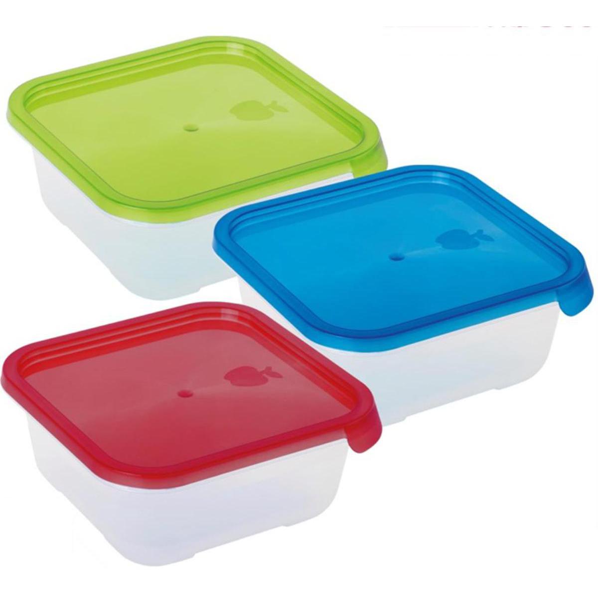 Boîte alimentaire carrée - Plastique - 16 x 16 x 5,8 cm - Vert, bleu, rouge