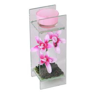 Bougeoir et fleur -  Verre, Plastique, Polyester - 7 x 6 x 18 cm - Rose