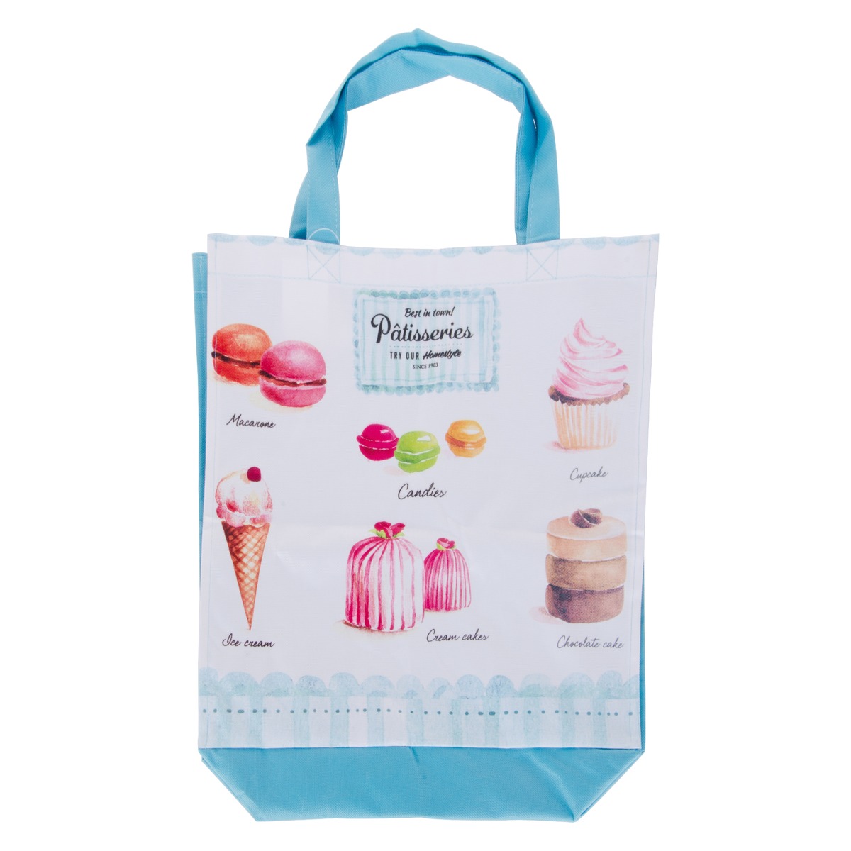 Sac de shopping pastel imprimé pâtisserie - 36 x 33 x H 10 cm - Bleu, rose Sac de shopping pastel imprimé pâtisserie - 36 x 33 x H 10 cm - Bleu, rose