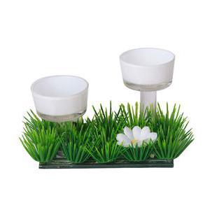 Bougeoir et carré d'herbe fleurie -  Verre, Plastique, Polyester - 12 x 7 x9 cm - Blanc