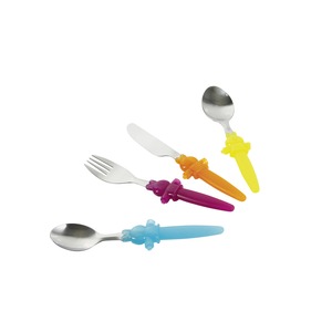 Lot de 4 couverts pour enfant - 1 fourchette, 2 cuillères, 1 couteau - Acier inoxydable - Bleu, violet, orange, jaune