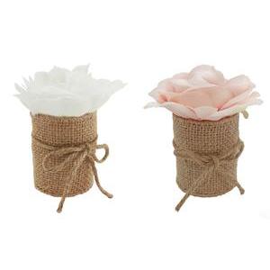 Rose en pot toile de jute - H 10 cm - Blanc, Rose