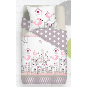 Parure de lit modèle oiseaux + 1 taie - 140 x 200 cm - Blanc, gris, rose