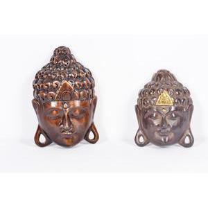 Lot de 2 têtes de Bouddha en bois - H 15 cm - Marron