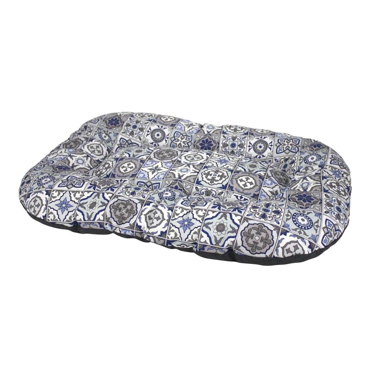 Matelas ovale réversible motifs carreaux de ciment - 85 x 50 cm - Bleu, gris