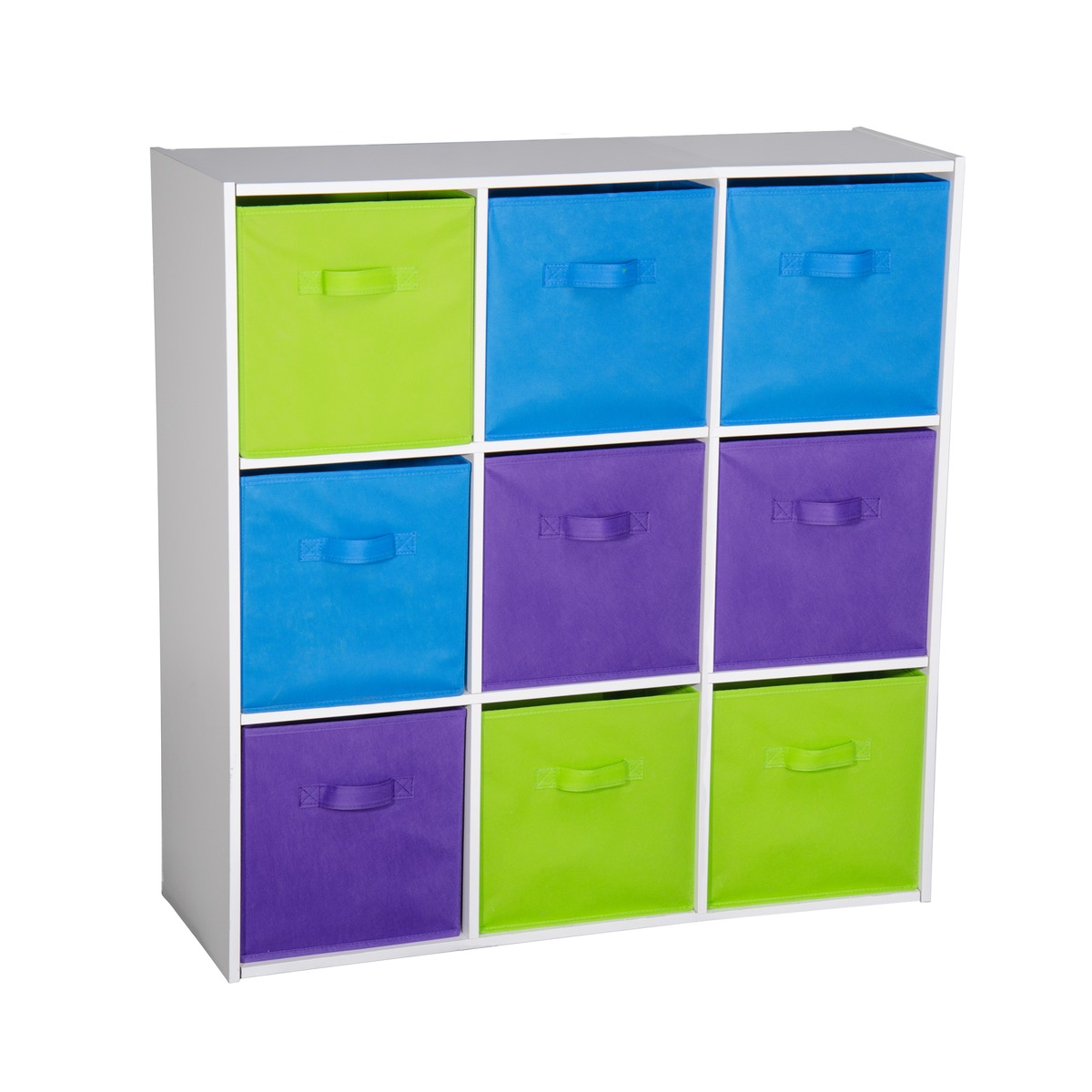 Meuble de rangement 9 tiroirs - 90 x 29,5 x 90 cm - Blanc, violet, vert, bleu