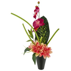 Composition florale en cône avec orchidées et lotus artificiels - Hauteur 54 cm - Rose
